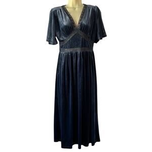 Zilcremo Grey Blue Stretch Velvet Dress with Lace Woman Size Medium Holiday Boho